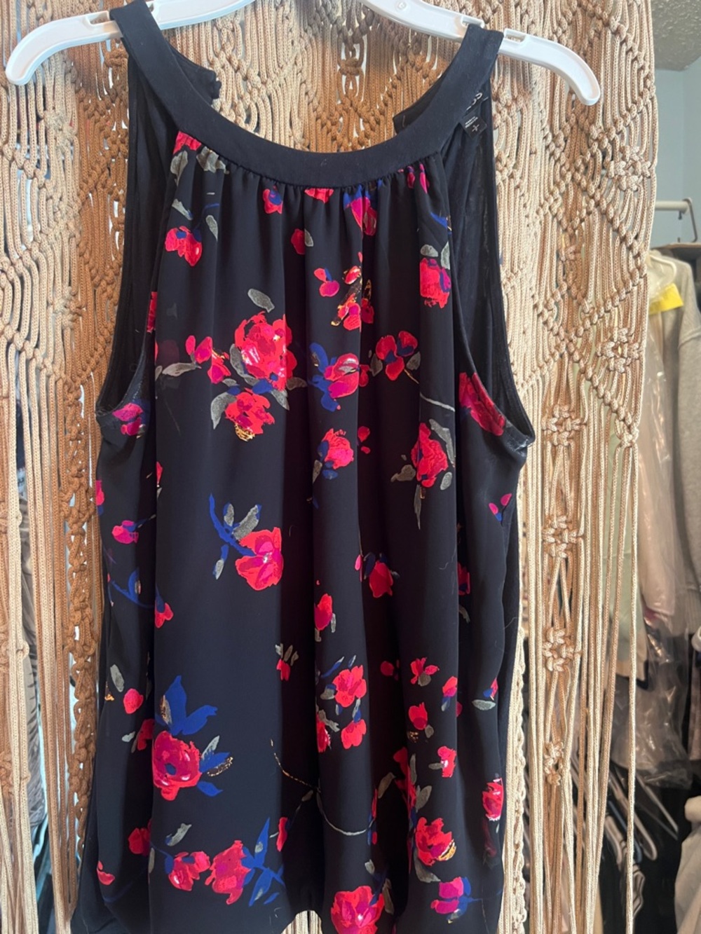 Express Black Floral Sleeveless Tee with Pink and Blue Roses
